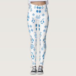 Leggings Elegantes Pingüinos Azules Con Patrón De Copos De