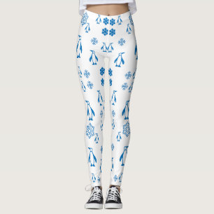 Leggings Elegantes Pingüinos Azules Con Patrón De Copos De 