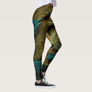 Leggings Elegantes Plumas de Pavo Real Abstractas Azul Teal