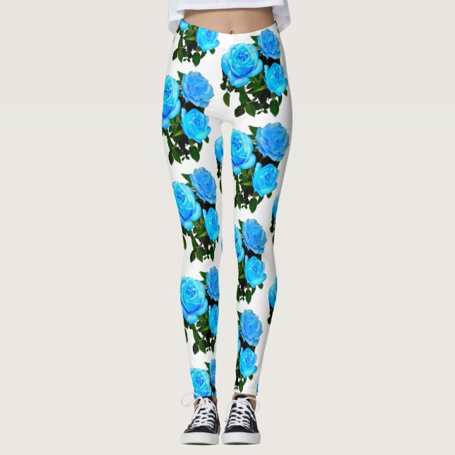Leggings Elegantes rosas azules verde azulados flores azule (Anverso)