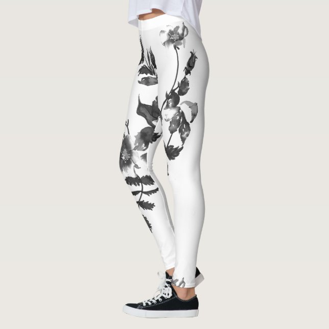 Leggings Elegantes rosas de acuarela blanca y negra floral (Izquierda)