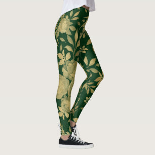 Leggings Elegantes Rosas de Oro Verde Diseño Floral