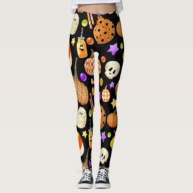 Leggings Elementos de Halloween: calabazas, calavera, patró (Anverso)