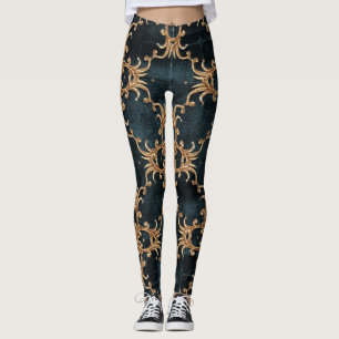 Leggings Elementos dorados barrocos, sin costuras verde azu