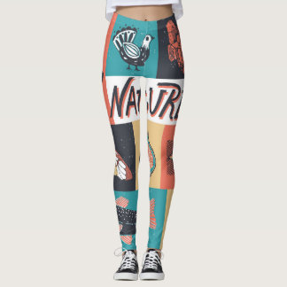 Leggings Elementos Naturales, Iconos De Estilo Retro.