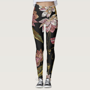 Leggings Embroidery Lotus Flowers Patrón sin problemas