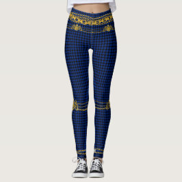 Leggings Empress Gold Chain Emblem Black Blue Houndstoth