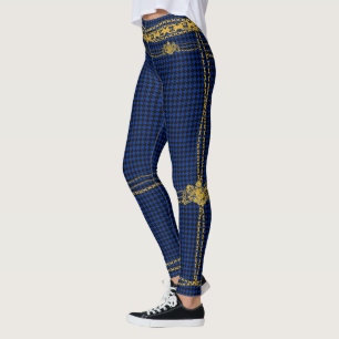 Leggings Empress Gold Chain Emblem Black Blue Houndstoth