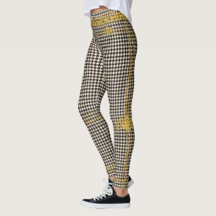 Leggings Empress Gold Chain Emblem Black Cream Houndstoth