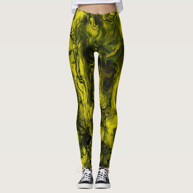 Leggings Energía nerviosa Grungy Resumen negro y amarillo (Anverso)