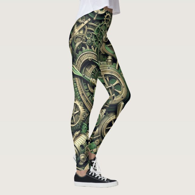 Leggings Engranajes de reloj verde industrial steampunk (Derecha)