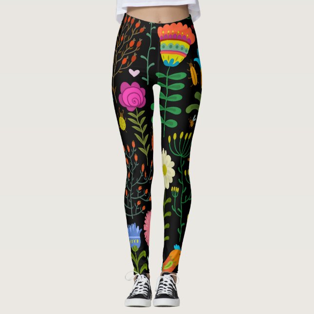 Leggings Esbozar un patrón artístico floral sin fisuras. (Anverso)