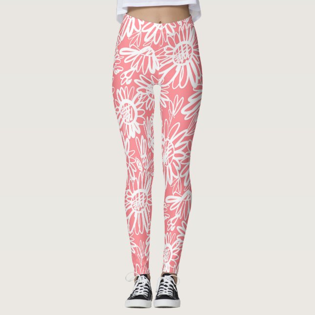 Leggings Esbozo de margarita abstracto, patrón monocromo (Anverso)