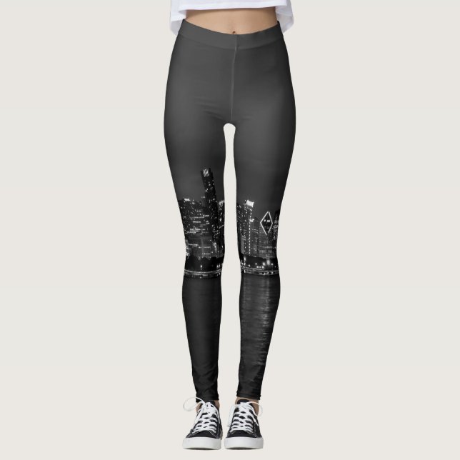 Leggings Escala de grises del Cityscape Chicago Night (Anverso)