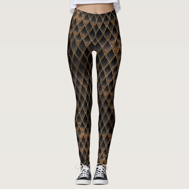 Leggings Escalas de dragón de Purpurina negro y oro brillan (Anverso)