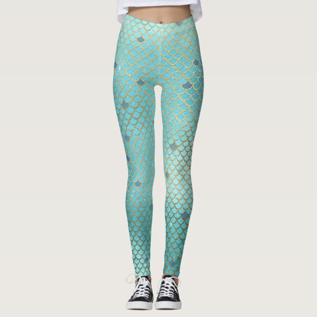 Leggings Escalas de sirenas doradas y azules de ocmbre (Anverso)