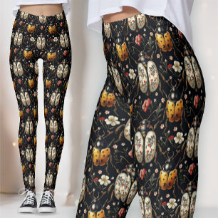 Leggings Escarabajo Floral Blanco Oro Negro Botánico