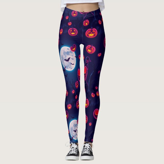 Leggings Escena nocturna de Neon Jack-o'-Lantern en Hallowe (Anverso)