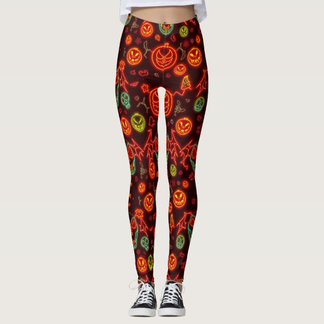 Leggings Escena nocturna de Neon Jack-o'-Lantern en Hallowe (Anverso)
