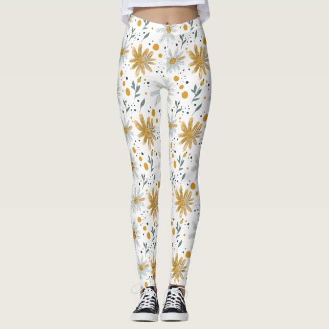 Leggings Espectacular patrón floral blanco y amarillo (Anverso)