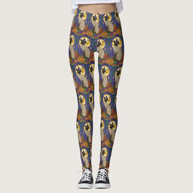 Leggings Espeluznante Gato Siamés Halloween Bruja Y Calabaz (Anverso)