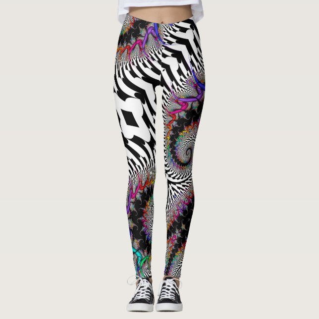 Leggings Espiral de arco iris fractal Abstrato blanco negro (Anverso)