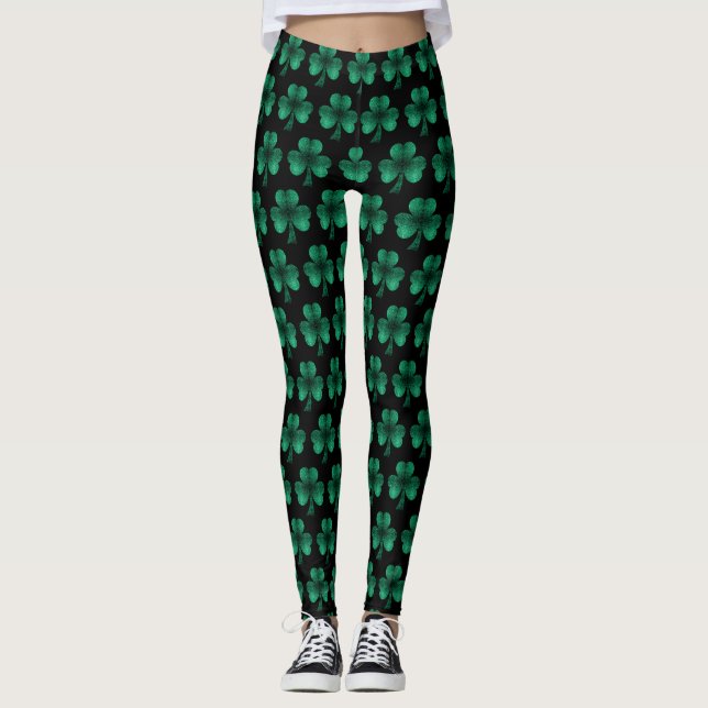 Leggings Espuma verde esmeralda Patrón de Shamrock negro (Anverso)