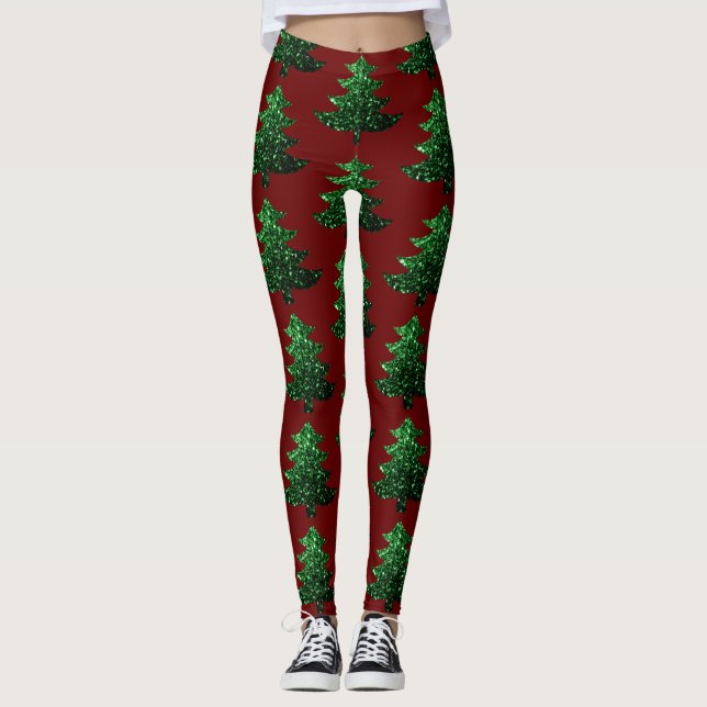 Leggings Espumoso patrón verde de árbol de Navidad rojo osc (Anverso)