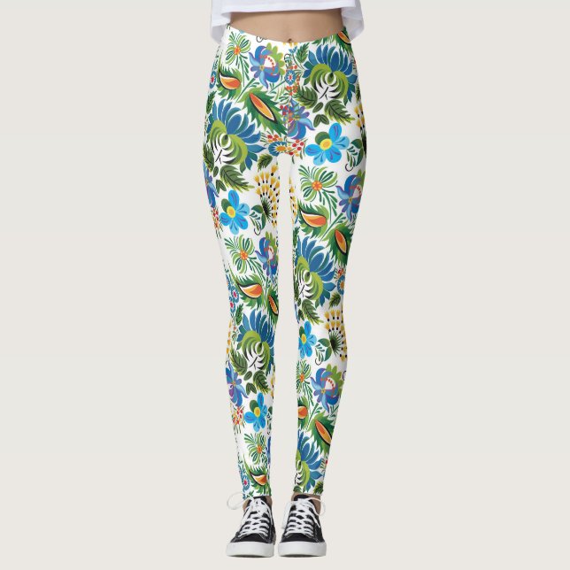 Leggings Estampado de flores ruso del arte popular de Boho (Anverso)