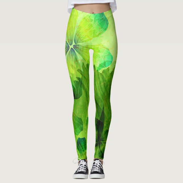Leggings Estampado de flores verde de la acuarela (Anverso)