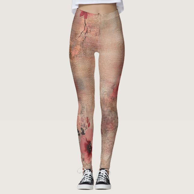 Leggings Estampado de lino floral rústico rosado (6) (Anverso)