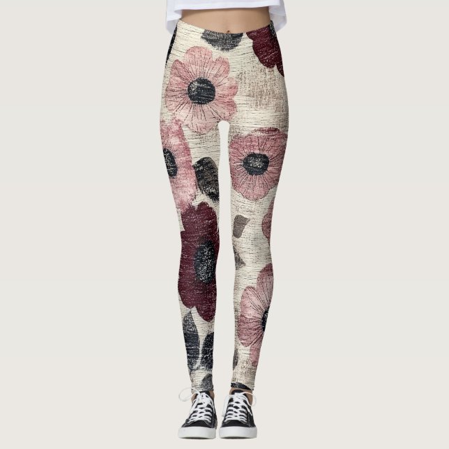 Leggings Estampado de lino floral rústico rosado (7) (Anverso)