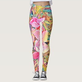 Leggings Estampado de orquídea rosa y hoja de palma tropica