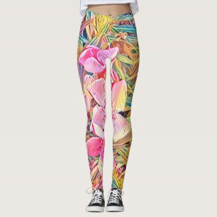 Leggings Estampado de orquídea rosa y hoja de palma tropica