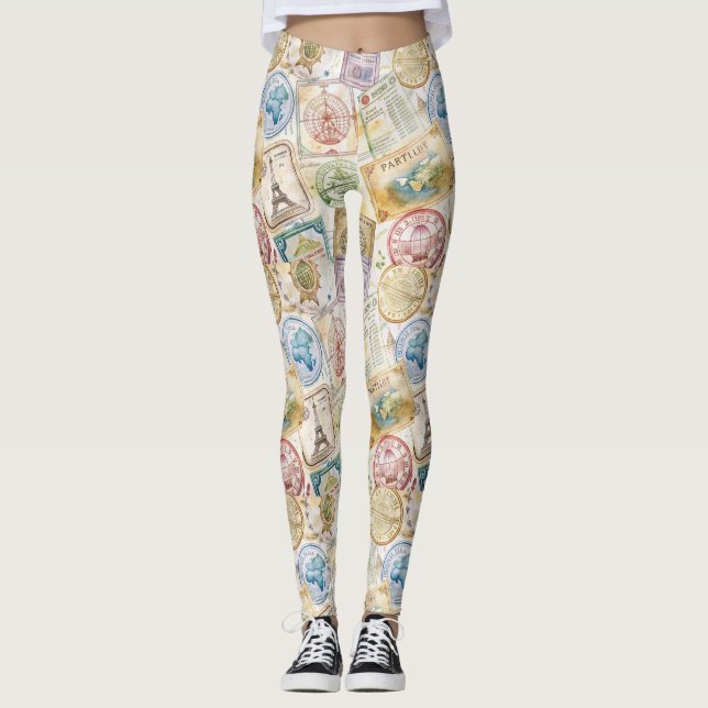 Leggings Estampado de sello de pasaporte rústico de viaje ( (Anverso)