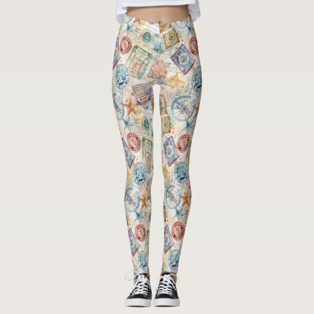 Leggings Estampado de sello de pasaporte rústico de viaje ( (Anverso)