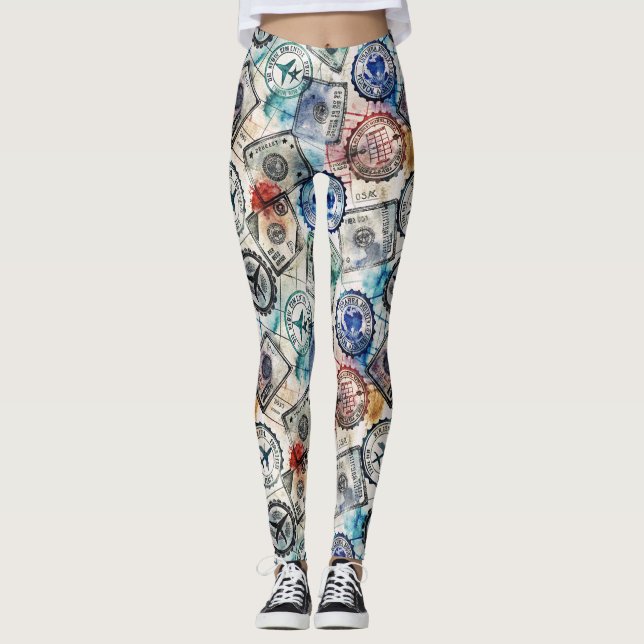 Leggings Estampado de sello de pasaporte rústico de viaje ( (Anverso)