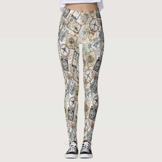 Leggings Estampado de sello de pasaporte rústico de viaje ( (Anverso)