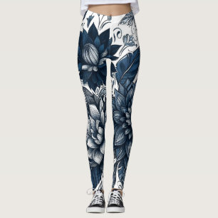 Leggings Estampado floral bohemio azul y blanco