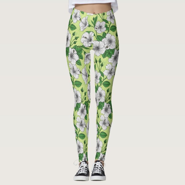 Leggings Estampado floral tropical de Hibisco blanco (Anverso)