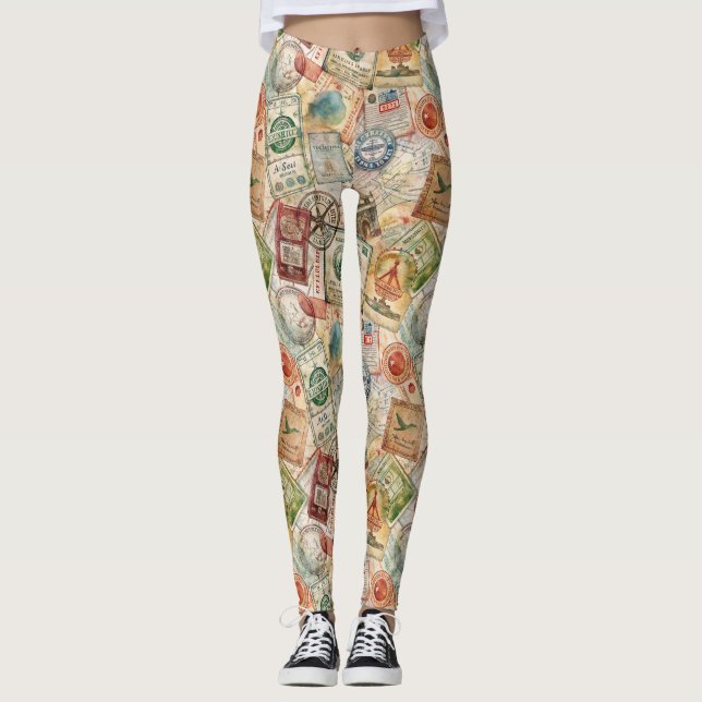 Leggings Estampado rústico de sello de pasaporte de viaje ( (Anverso)