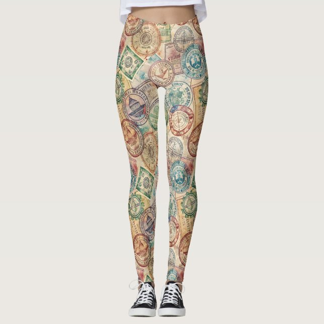 Leggings Estampado rústico de sello de pasaporte de viaje ( (Anverso)