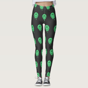 Leggings Estética de cara sonriente verde derretida y gotea