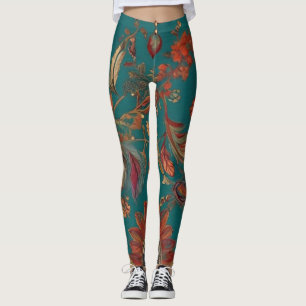 Leggings Estilo bohemio estampa de plumas de esmeralda y ru
