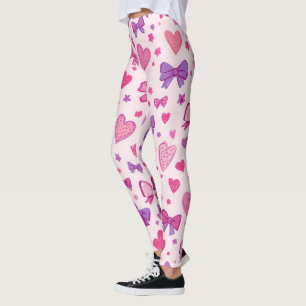 Leggings Estilo Coquette Rosa Morado Lazo y Corazón Patrón