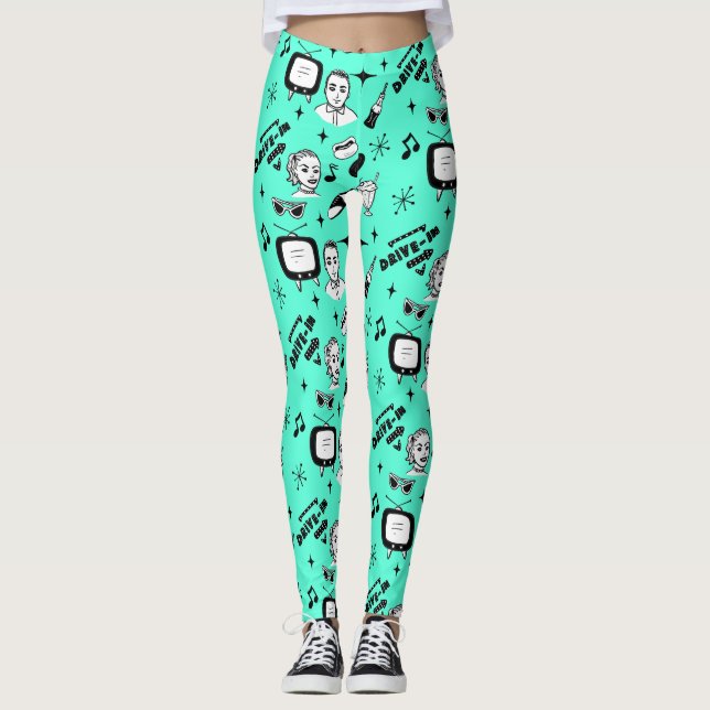 Leggings Estilo de arte pop retro negro y blanco nostálgico (Anverso)