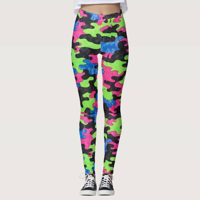 Leggings Estilo de camuflaje rosa verde azul negro (Anverso)