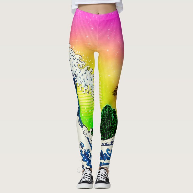 Leggings Estilo de los años 80 La gran ola y las palmeras (Anverso)