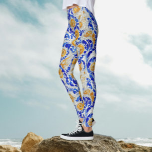 Leggings Estilo Oriental Azul Y Amarillo Floral Arabesque