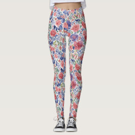 Leggings Estilo Pastel Rojo Y Púrpura Floral Acuarela